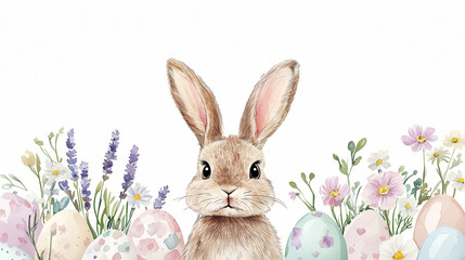 Obraz premium A charming watercolor bunny illustration with Easter eggs and flowers