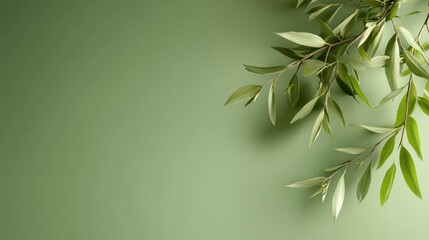 Fototapeta premium Lush green leaves on a muted green background; flat lay, copy space.