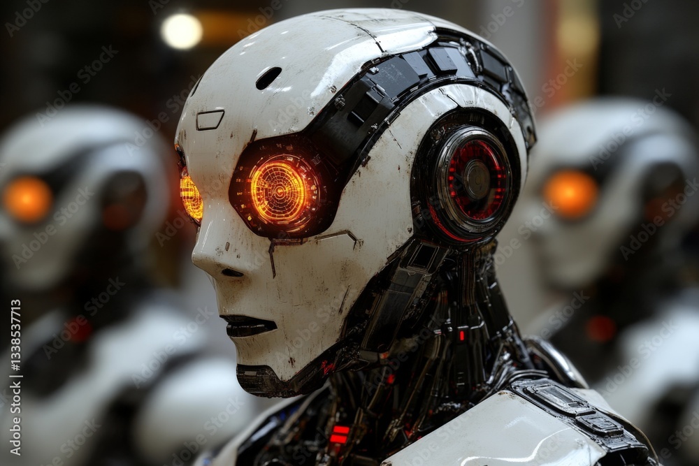 Leinwandbilder selection of futuristic robots with illuminated eyes in a modern urban setting during the evening