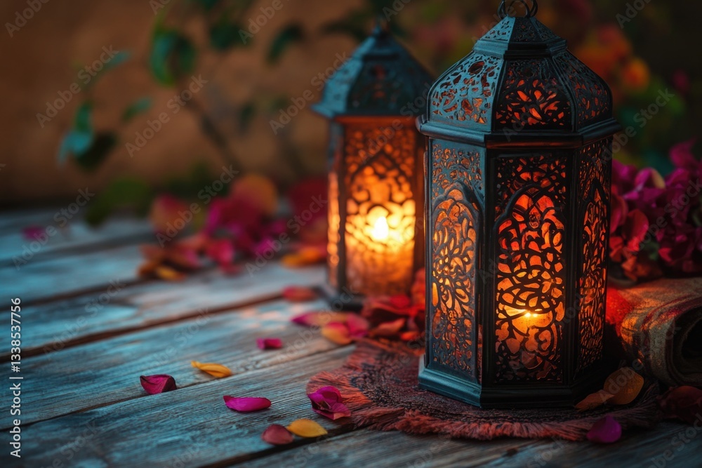 Poster a pair of lanterns placed on top of a wooden table