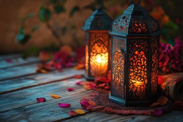A pair of lanterns placed on top of a wooden table