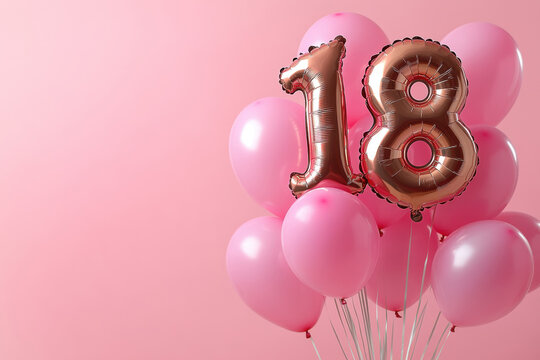 Metallic rose gold eighteen hovering near pastel pink balloons, marking glamorous eighteenth birthday celebration moment
