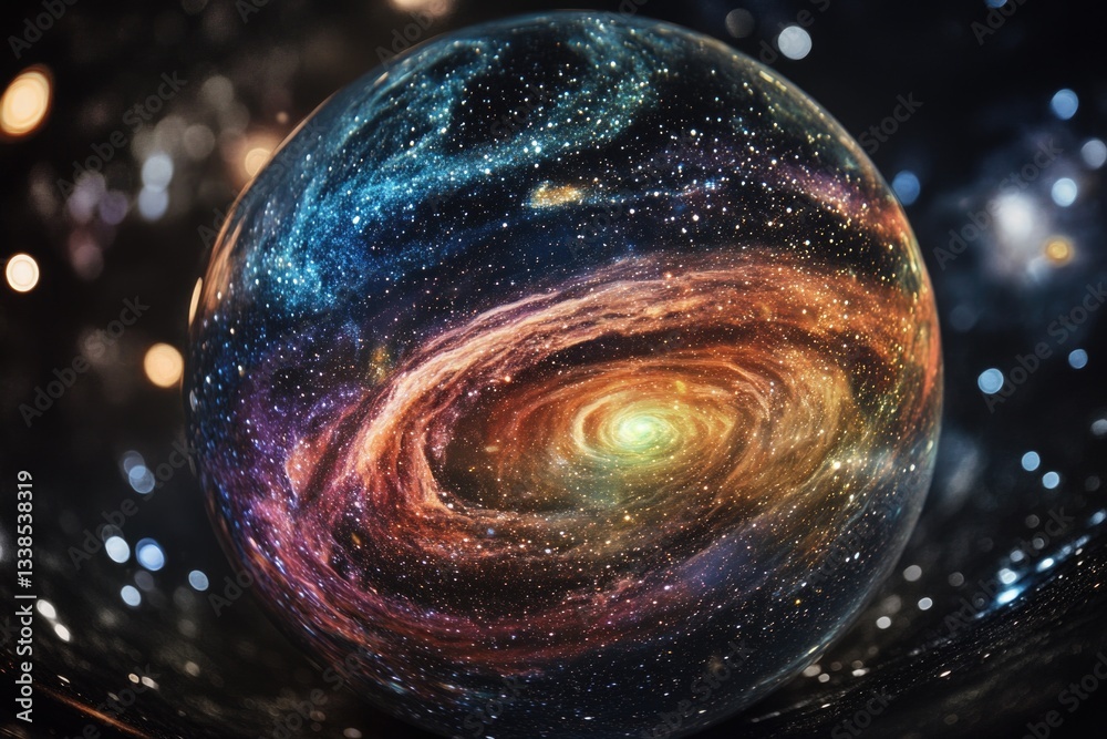Poster a futuristic concept featuring a miniature galaxy within a transparent sphere