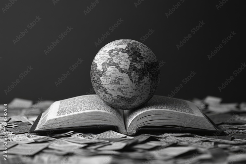 Poster A globe sits on top of an open book with pages filled with maps and diagrams