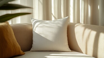 Pillow or cushion Mock-up template in modern minimalist aesthetic. Organic template for product showcase with copy space. Bohemian stationery for local business with place for text.