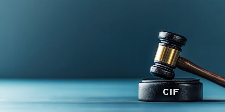 Cost, Insurance, Freight (CIF) concepts. A gavel rests on a block with "CIF" inscribed, symbolizing authority and decision-making in a legal context.