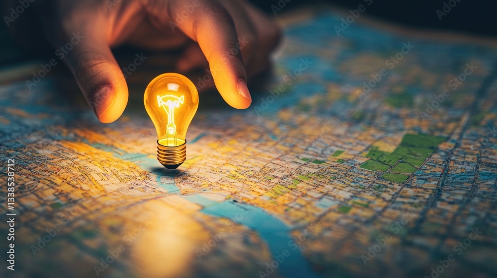 Poster a person holding a light bulb above a map, ready to illuminate the way