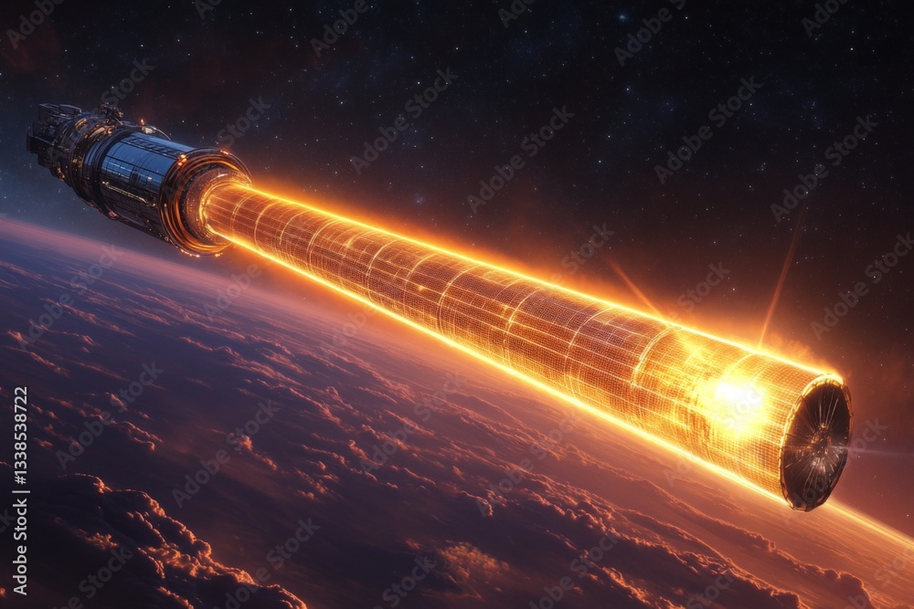 Poster Advanced spacecraft propulsion system creating energy beam in low Earth orbit during a futuristic mission