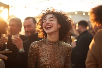 Joyful celebration at a rooftop party during sunset with a diverse group of people enjoying drinks and each other's company