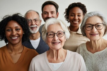 Diverse group of smiling adults standing together in a bright, friendly environment