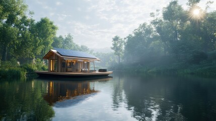 Obraz premium Solar Powered Houseboat Floating on a Peaceful River