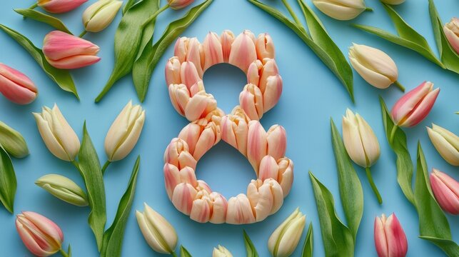 A stylized depiction of the numeral eight constructed from tulips on a blue background