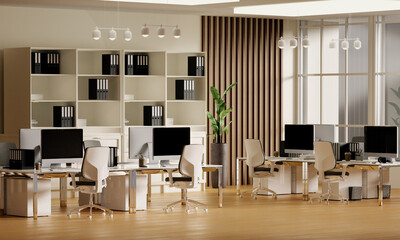 Spacious shared office area with creative design elements, 3D render illustration.