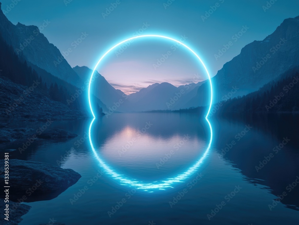 Poster a glowing circle surrounded by calm water, perfect for representing illumination or guidance
