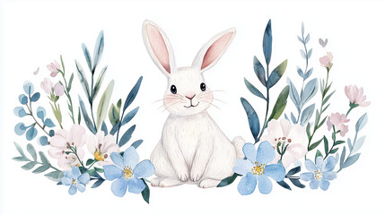 Obraz premium Cheerful Easter Bunny Watercolor Illustration with Spring Flowers