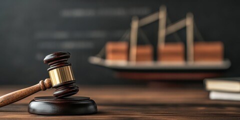 A gavel rests on a wooden surface with a ship model in the background, symbolizing law and justice.