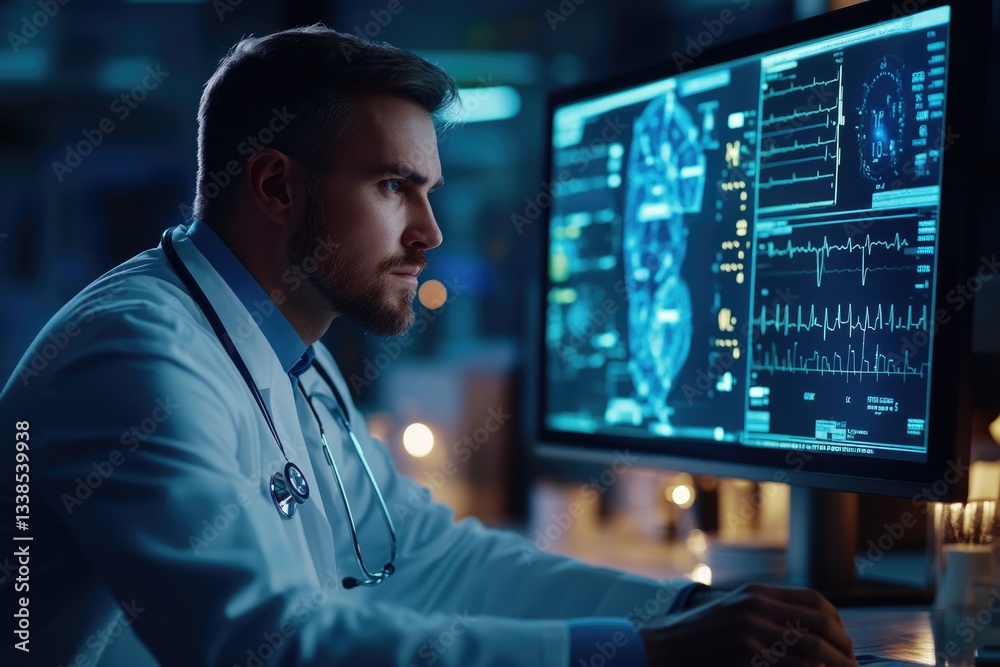 Poster A man in a lab coat sits at a desk with a computer, likely working on research or experiments