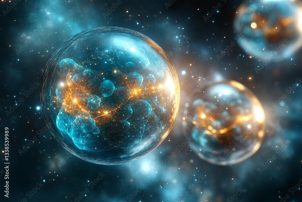 Poster exploring luminous cosmic spheres in a vibrant galactic landscape filled with stars and nebulae