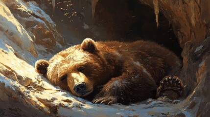 A large brown bear sleeps peacefully inside a natural cave dwelling