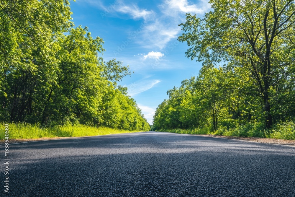 Poster a scenic view of an empty road surrounded by lush green trees on a sunny day