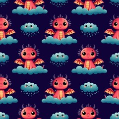 Seamless pattern with cute red dragon sitting on cloud, rain cloud. Blue background.