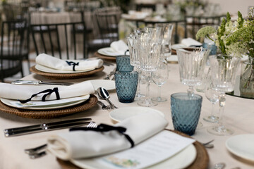 mesa, cena, restaurante, boda, configuracion, decoraciones, fiesta, interiors, banquete, cuchillo, servilleta, de lujo, almuerzo, celebraciones, mantel
