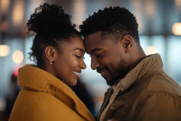 Fototapeta premium Couple shares a romantic moment in a cozy setting, experiencing joy and connection in a charming urban atmosphere