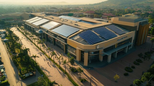 Solar panels installed on a commercial shopping mal - High fidelity.