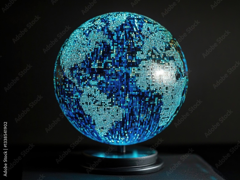 Poster a blue globe on a black surface with a black base, suitable for uses such as astronomy or technology