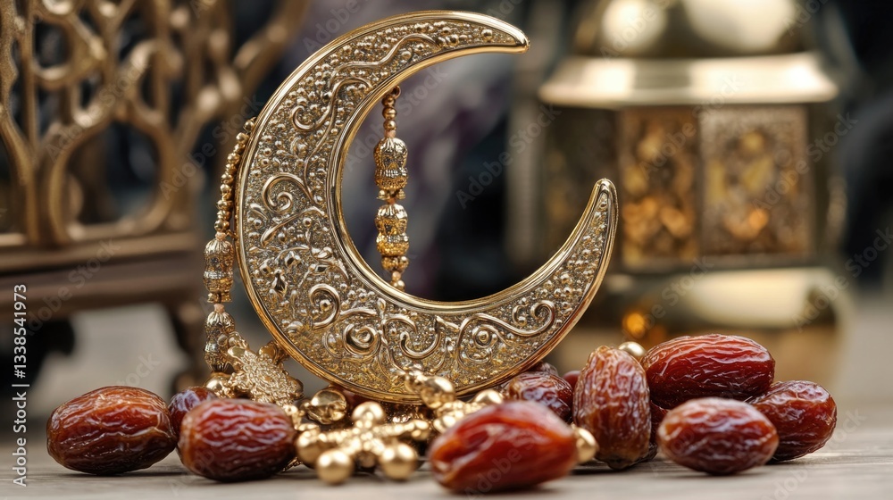 Poster a decorative plate with a golden crescent and dates, perfect for use in interior design or as a prop