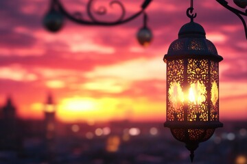 A lantern hangs from a tree as the sun sets in the background