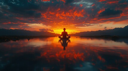 Fototapeta premium Serene Sunset Meditation: Finding Inner Peace at the Still Lake