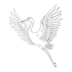 Black and white line drawing illustration of a heron bird flying with wings outstretched. Simple and elegant design.