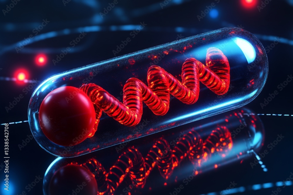 Poster scientific model of a molecular structure with a red coil and sphere inside a glass tube against a d