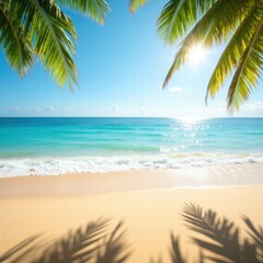 Fototapeta premium A serene summer background with golden sand, gentle ocean waves, and palm tree shadows