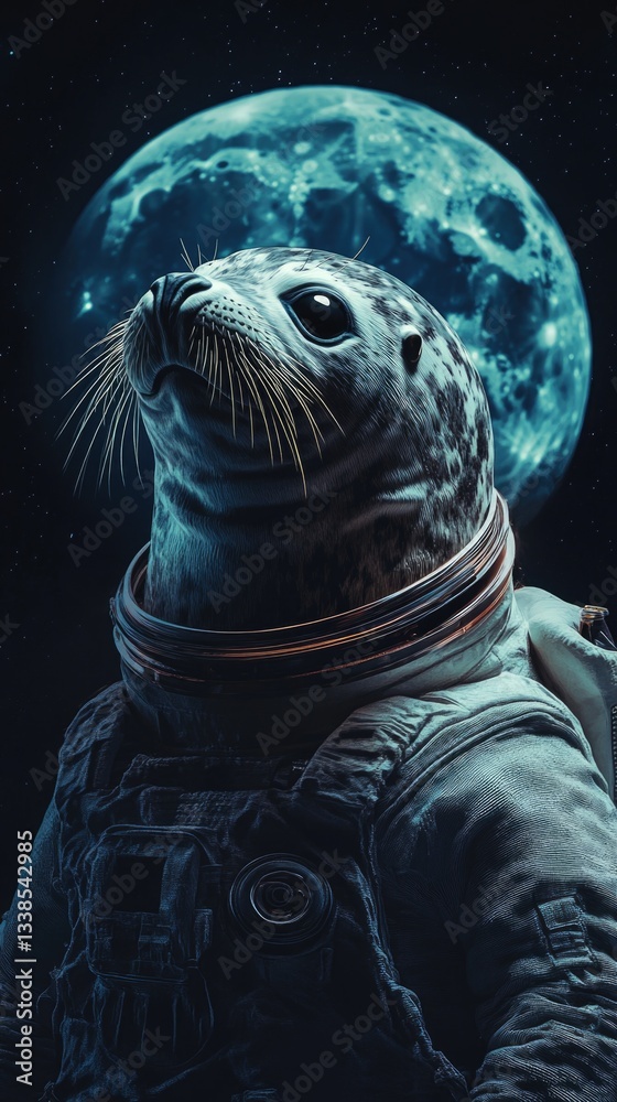 Poster a seal in a space suit floating near the moon
