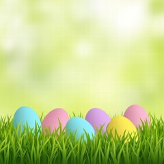 Fototapeta premium A bright and cheerful springtime background featuring pastel-colored Easter eggs resting on lush green grass.