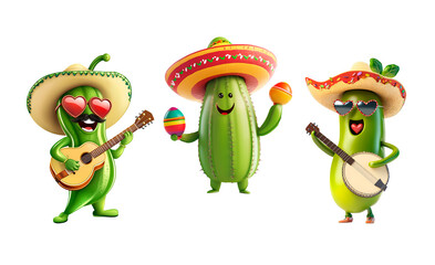 Obraz premium Cute anthropomorphic chili, cactus, and avocado celebrating Cinco de Mayo. Playful cartoon vegetables in sombreros playing guitar and maracas, fiesta theme