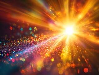 Radiant burst of light and shimmering particles creating a captivating abstract bokeh background with warm golden hues