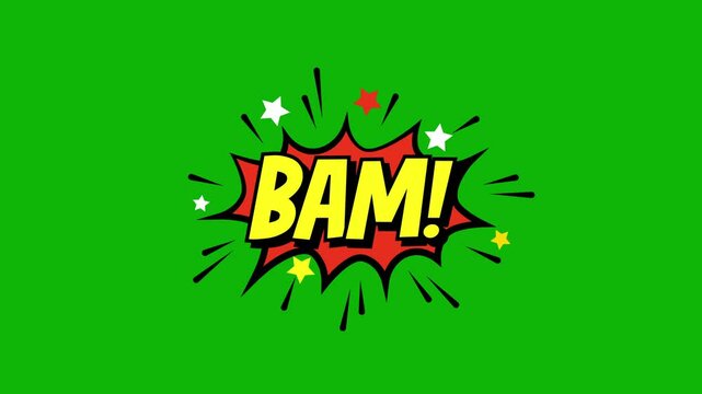 A comic strip cartoon animation, with the word bam appearing. cartoon bubble explosions. bam comic text message animation on green screen background. 4k