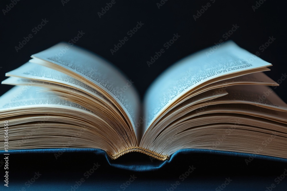 Poster A book lying open on a dark surface, ideal for use in scenes about reading, studying or mystery solving