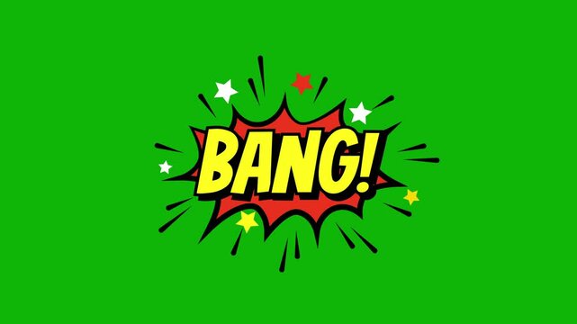 A comic strip cartoon animation, with the word bang appearing. cartoon bubble explosions. bang comic text message animation on green screen background. 4k