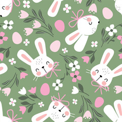 Seamless vector pattern with white rabbit head, Easter eggs and tiny flowers. Hand drawn cute Easter bunny pattern. Perfect for textile, wallpaper or nursery print design. EPS 10 vector file.