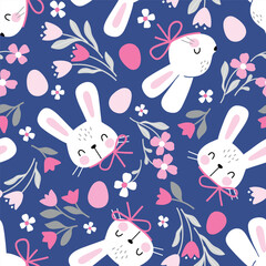 Seamless vector pattern with white rabbit head, Easter eggs and tiny flowers. Hand drawn cute Easter bunny pattern. Perfect for textile, wallpaper or nursery print design. EPS 10 vector file.