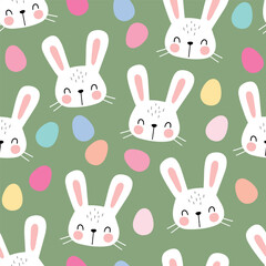 Seamless vector pattern with white rabbit head and Easter eggs. Hand drawn cute Easter bunny pattern. Perfect for textile, wallpaper or nursery print design. EPS 10 vector file.