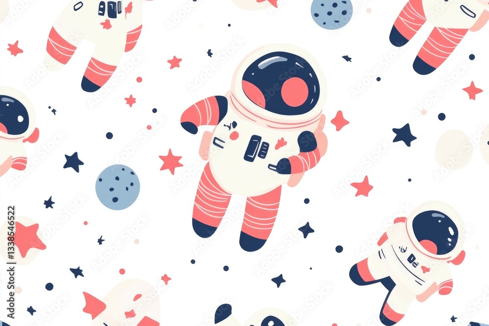 Poster Image of astronauts floating in space surrounded by stars on a white background, suitable for uses such as sci-fi concepts or educational materials
