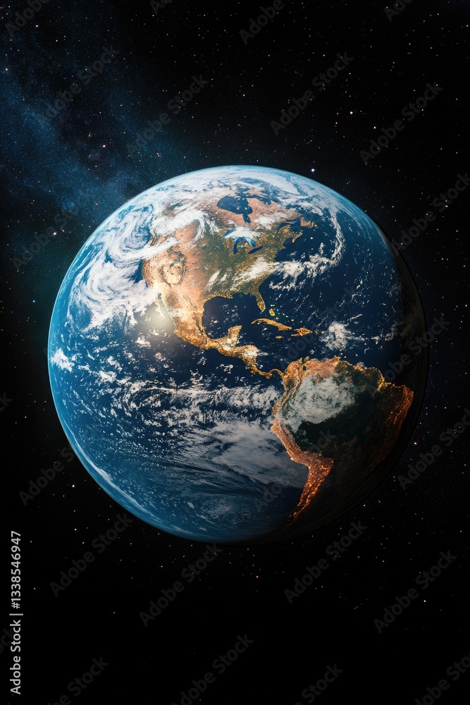 Poster View of the Earth from space with stars in the background, suitable for use as a visual representation of planetary perspective or futuristic concept