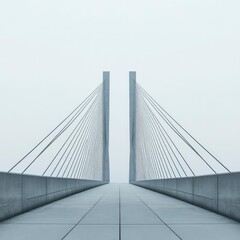Fototapeta premium Minimalist cable-stayed bridge design, concrete structure, fog, pathway.