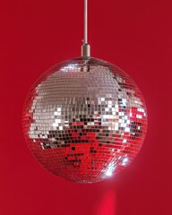Shimmering disco ball casting vibrant red reflections against a seamless backdrop for festive celebration