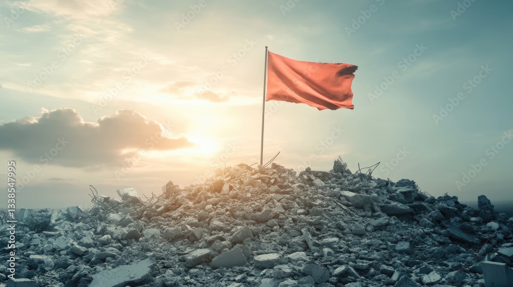 Poster a red flag stuck on top of a pile of rubble, possibly indicating danger or warning